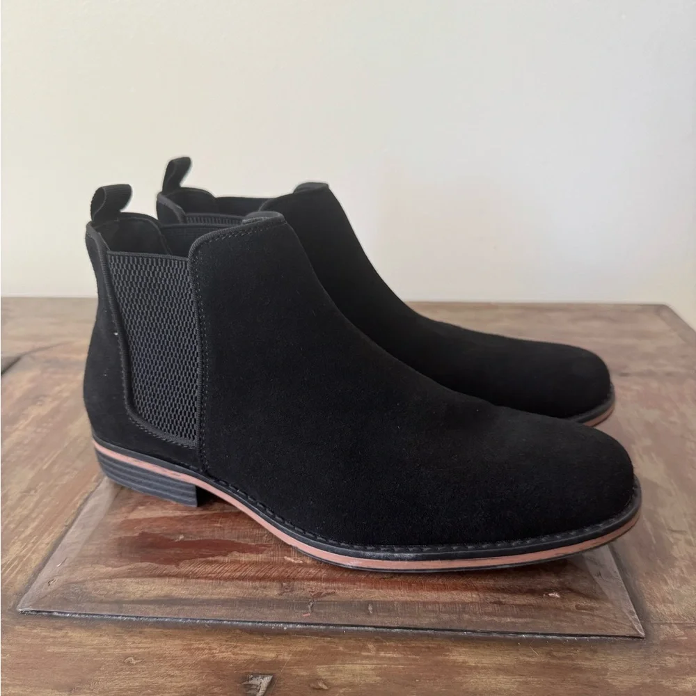 Anjoufemme black suede classic flat Chelsea ankle boots men’s 7.5
